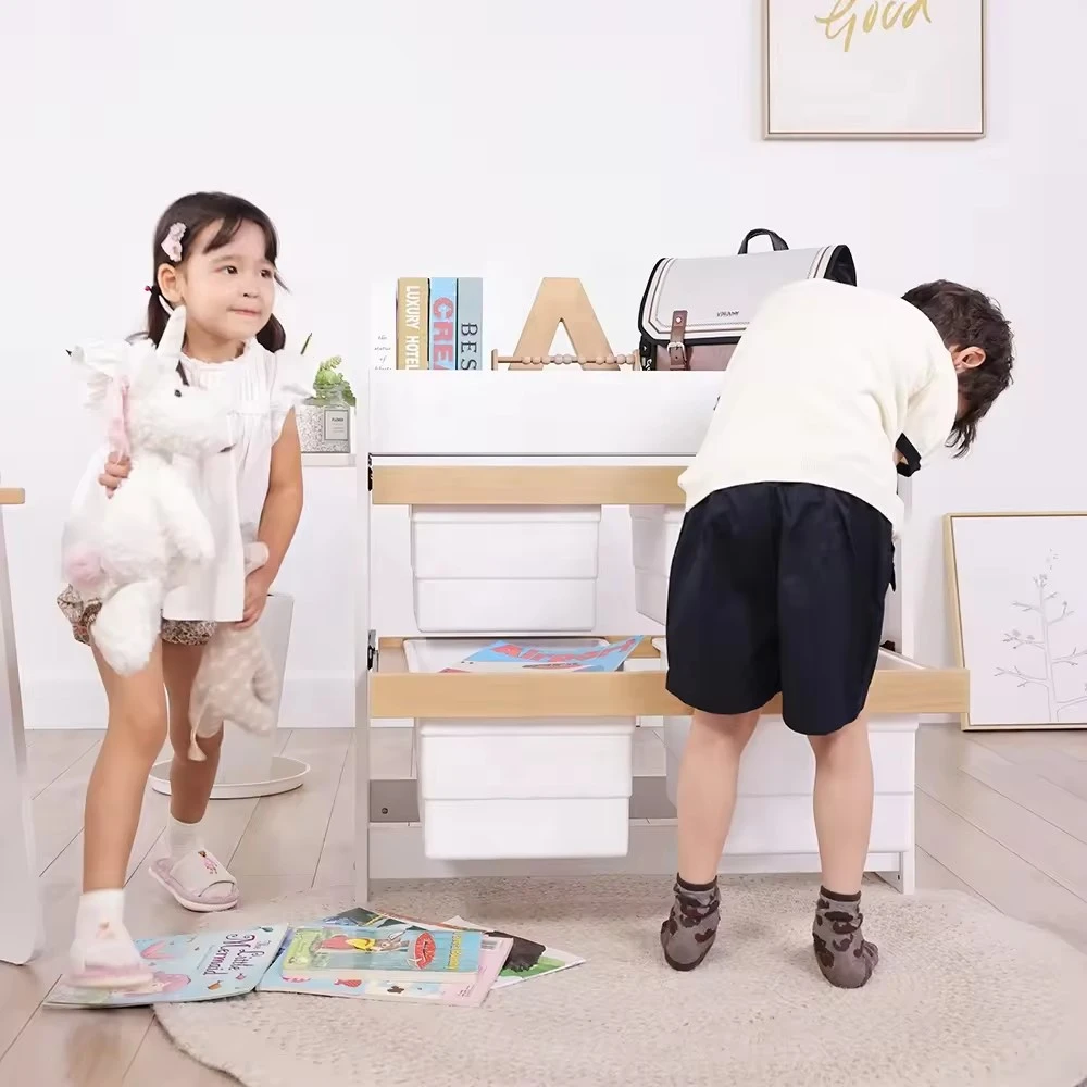 Multi-functional wooden nursery changing dresser converted into a children's toy storage organizer. Multi-functional wooden nursery changing dresser converted into a children's toy storage organizer.
